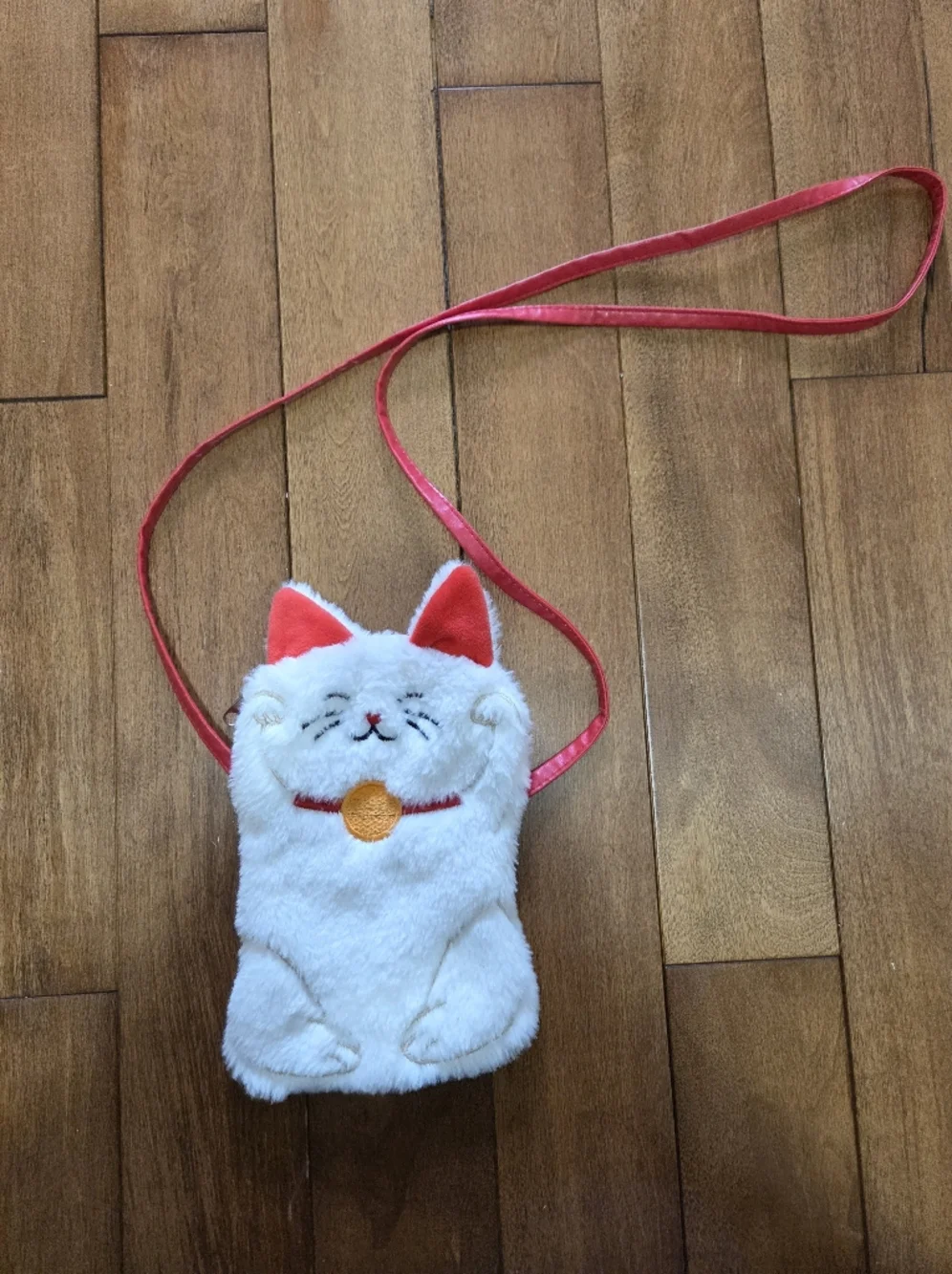 Cute White Plush Cat Crossbody Bag with Red Accents